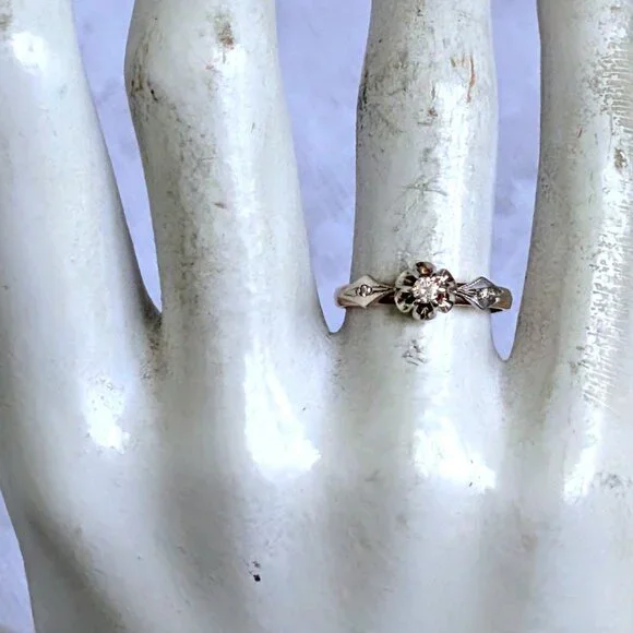 Vintage Russian USSR Solid 14K 585 Rose Pink White Gold Diamond Buttercup Ring